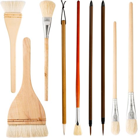 9pcs Ensemble Pinceaux à Glaçage en Céramique, Manche Long Bois Pinceaux Poterie pour Peinture Acrylique Pinceau Laine d'artiste Pinceau Éventail Pinceau Plat pour Peinture à Huile Aquarelle (1/5)