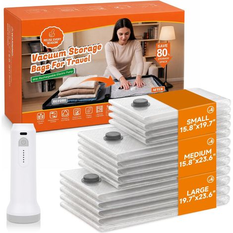 12 Pièces Sac sous vide vetement aspirateur,Sac de Rangement Sous Vide,Housse de rangement sous vide,Avec Bomba Eléctrica Portátil, s pour Voyages(40x50cm, 40x60cm, 50x60cm) (1/5)