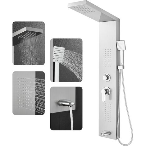 Colonne Panneau de Douche Hydromassante avec Robinetterie Mitigeur pour Baignoire, 4 Modes - Douche de Pluie, Jets de Massage, Douchette et Bec de Baignoire, Brossée Acier Inox, Montage Mural (1/5)