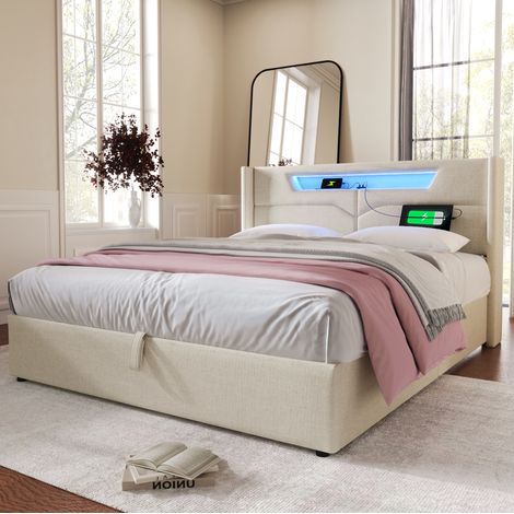 CHICFURN lit coffre double en lin beige avec tête de lit lumineuse 160 x 200 (1/5)