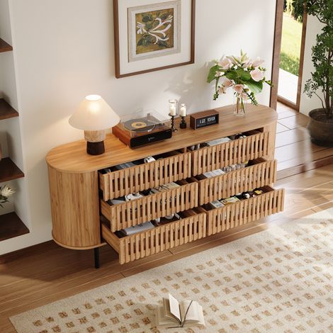 Meuble TV 160x40x70 cm en MDF naturel, 6 tiroirs, pour salon, gain de place – MEUBLIV (1/5)