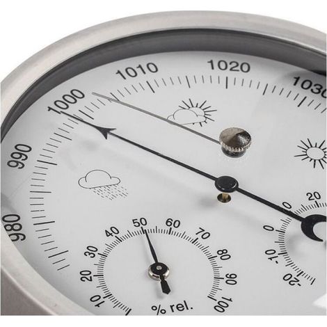 Station Météo Analogique - Baromètre Hygromètre Thermomètre - Intérieur Extérieur - Cadre Acier Inoxydable - 132 mm - 1 Pièce (1/5)