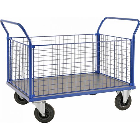 Kongamek Kastenwagen in blau 1366x800x1020mm mit MDF-Platte und 4 Gitterwänden mit Gummibereifung und Bremse