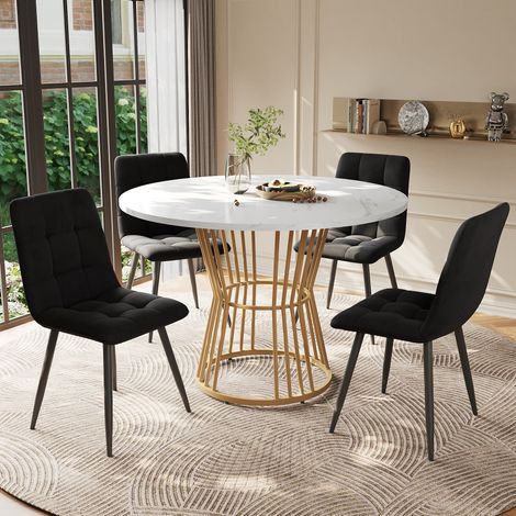 Set da pranzo con tavolo rotondo in MDF bianco effetto marmo e 4 sedie in velluto nero, Ø100x75 cm, gambe metallo oro (1/5)