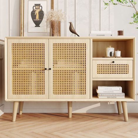 Buffet 120x40x80 cm chêne en MDF avec cannage, 1 tiroir, 2 portes magnétiques et étagères réglables (1/5)
