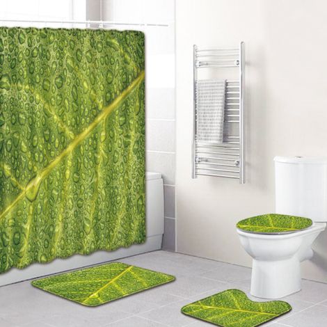 Ensemble rideau de douche avec gouttes d'eau et feuilles, design naturel, tapis de bain, décoration de salle de bain, antidérapant, ensemble rideau de douche et housse de toilette 4 pièces (Goutte de (1/5)