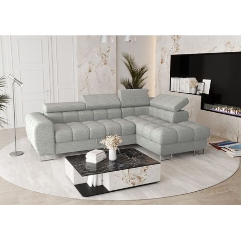 Ecksofa Schlafsofa BASTIEN in Stoff Aragon Hellgrau Ottomane Rechts (1/4)