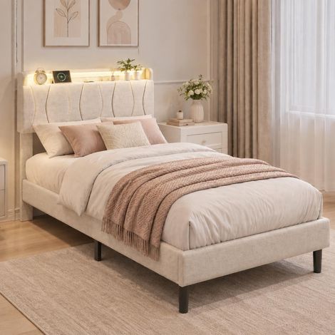 Einzelbett 90x200 cm mit RGB-LED-Beleuchtung, Kopfteil mit Stauraum und USB-/Typ-C-Anschlüssen, Lattenrost, Holzrahmen mit Leinenstoffbezug, Beige (1/5)