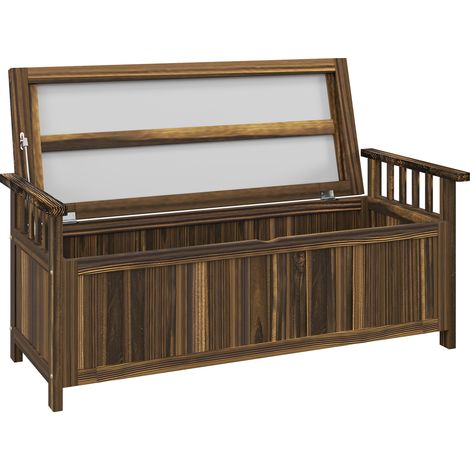 Banc jardin 2 places bois résistant intempéries rangement accoudoirs 128,5x52x53,5 cm carbonisé (1/4)