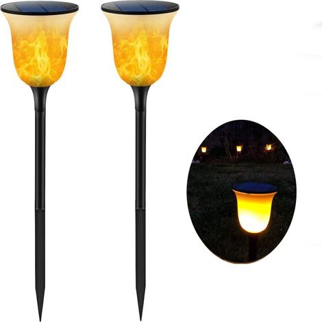 Lot de 2 lampes solaires de jardin Upgraded - 96 LED avec flamme - Étanche IP65 - Effet de flamme réaliste - Lampes solaires (1/5)