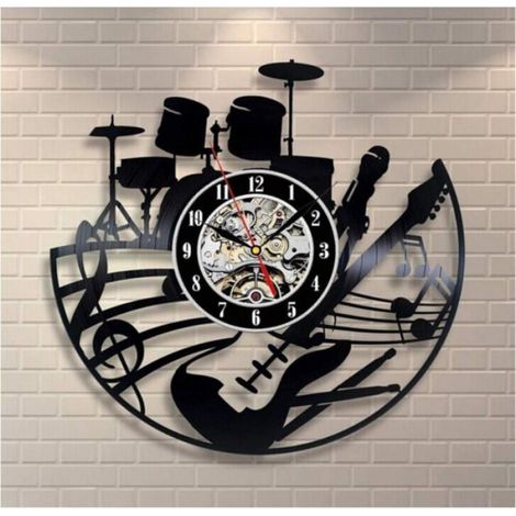 Musique Guitare Vinyle Disque Horloge Murale Design Moderne Art Murale Créative Salon Chambre Décoration Horloge avec LED 12 (1/5)