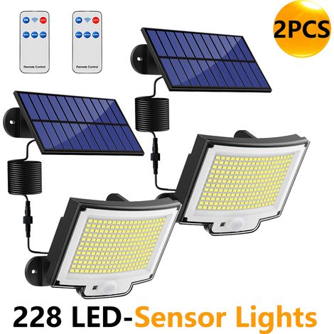 Lot de 2 Lampes Solaires Extérieures 228 LED à Panneau Séparé, Projecteur Solaire avec Télécommande, Détecteur de Mouvement PIR, Lumière Blanche, Éclairage Étanche pour Jardin, Terrasse, Cour, Garage, (1/5)