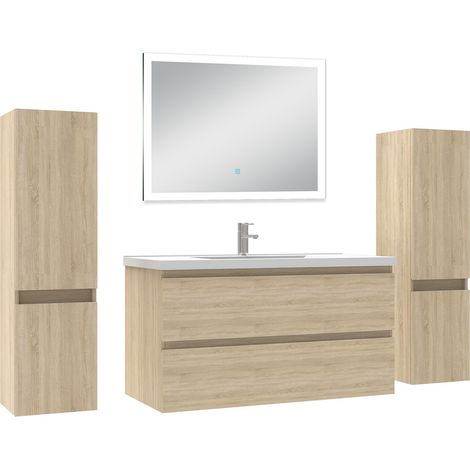 Ocean Ensemble meuble Salle de Bain 100cm avec colonne et miroir lumineux dimmable chêne wotan