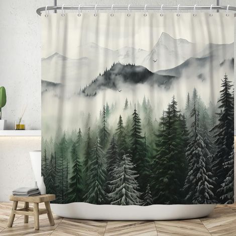 Rideau de Douche Forêt 180x200 cm, Paysage Naturel Brouillard Vert Forêt Jungle Neige Montagne Oiseaux Lavables Textile Rideau de Bain imperméable pour Baignoire avec 12 Crochets (1/5)