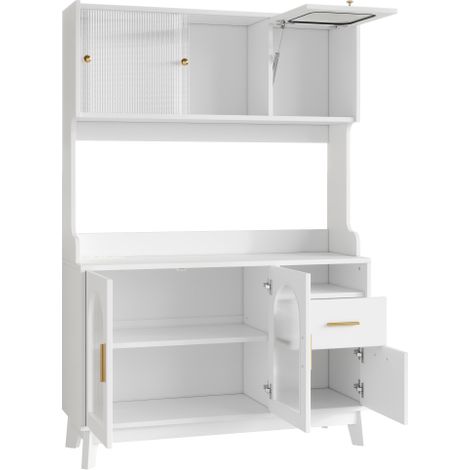 Buffet/Meuble de salle à manger haut, 120 x 40 x 178 cm, rangements à plusieurs niveaux, prise électrique intégrée et ports USB-C/USB-A, blanc. (1/5)
