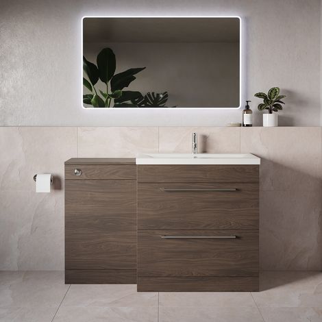 Napoli 390 Brown Oak 1300mm 2 Drawer Vanity Unit Toilet Suite with Glide Basin - 1300mm - Chrome 480mm HandleWithout Kingston Toilet Pan
