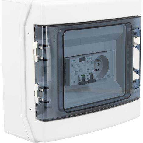Tableau électrique pré-équipé 8 modules IP65 – Coffret étanche avec interrupteur différentiel 40A type AC, disjoncteur 16A et prise modulaire 2P+T 16A intégrée - SIEMENS