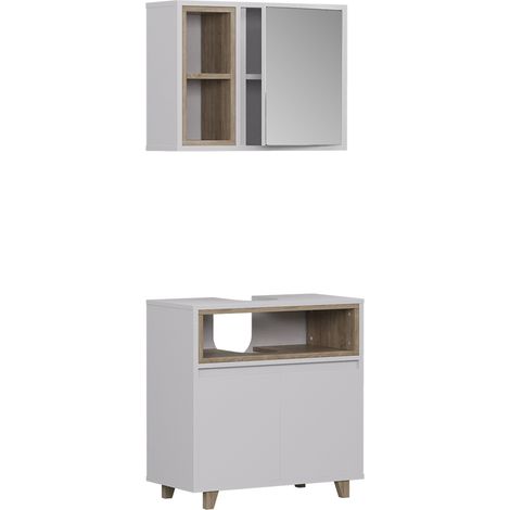 Set di mobili da bagno Elnor, Bianco/quercia, con mobiletto a specchio e mobiletto base, Vicco
