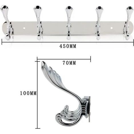 Perchero de pared para baño con 5 ganchos de acero inoxidable – 45 x 7 x 10 cm – acabado plateado y resistente a la corrosión.
