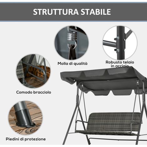 Balançoire 3 places pour jardin avec store ajustable en rotin synthétique, gris anthracite, dimensions 167x112x153 cm, idéale pour détente en extérieur