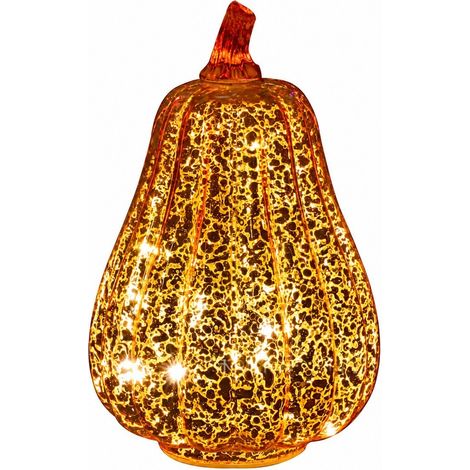 Lanterne citrouille en verre, décoration d'Halloween, minuterie LED, vitrail, décoration d'automne dorée 14x22cm (en stock) (1/5)