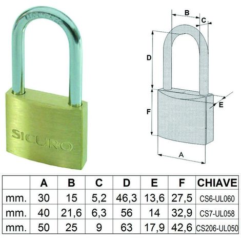 Lucchetto ottone arco lungo - Misure: mm 40 - 6 pz