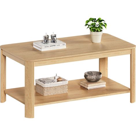 Mesa de centro de madera con diseño de dos niveles y espacio de almacenamiento abierto, ideal para el salón y como elemento decorativo, 100 x 50 x 45 cm, color madera natural. (1/5)