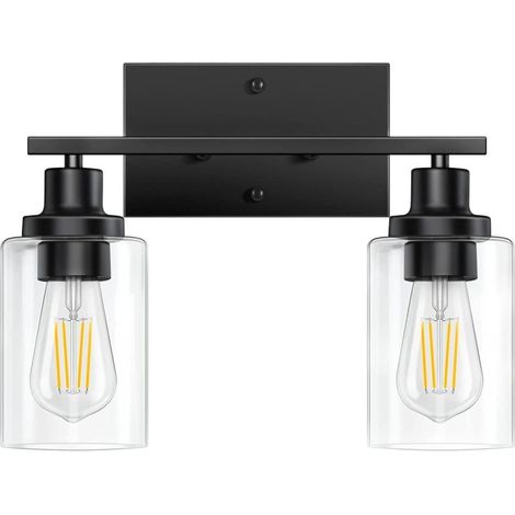 Lumières de vanité noires pour salle de bain, luminaires muraux vintage industriels noirs avec abat-jour en verre transparent (2 lumières) (1/5)