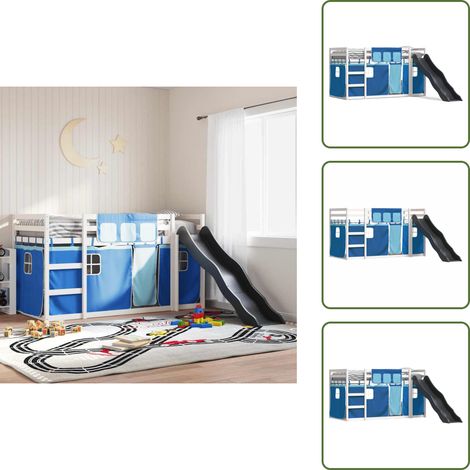 The Living Store Etagenbett mit Rutsche und Gardinen Blau 90x200 cm - Hochbett für Kinder