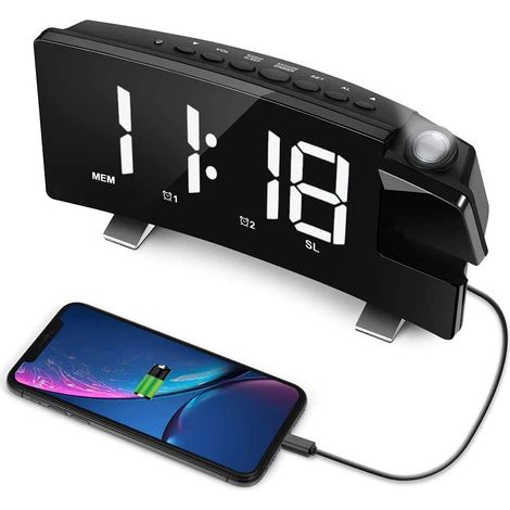 pieza de reloj de techo/pared con proyección automotriz, proyector digital, despertador, radio FM, pantalla curva grande de 7.1", reloj de escritorio/estante LED digital con carga USB (blanco) (1/5)
