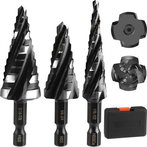 3Pcs HSS Forets étagé Mèche conique Trépan à redan kit Outil électrique avec Boîte range(1/8"-7/8")
