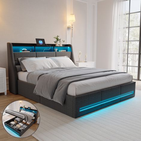Lit Coffre 140 x 200 cm,avec Éclairage LED et Port USB,Lit Double Rembourré avec Rangement et Tete de lit,pour Adultes et Adolescents,Lin,Gris (1/5)