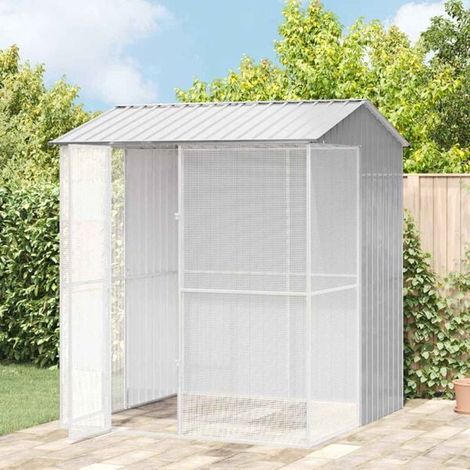 Cage à oiseaux grise, 215 x 210 x 247 cm, acier galvanisé.