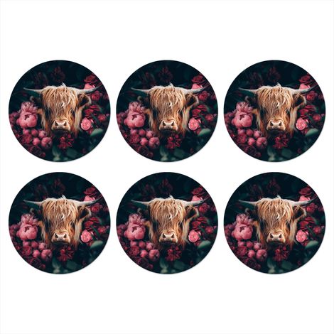 POSAVASOS Vache - Highlander écossais - Fleurs - Botanique Lot de 6 10x10 (1/5)