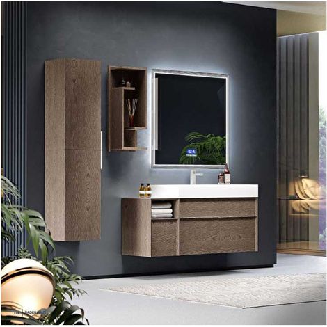 Mobile Bagno Space50 cm SospesoFrassino Scuro Base 2 cassetti - Lavabo in Resina