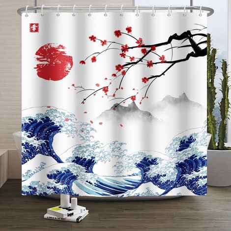 Rideau de Douche Peinture Japonaise Traditionnelle Kanagawa 180x180cm Rouge Soleil Paysage de Montagne Japonais Étanche et Lavable en Polyester 100% (1/5)
