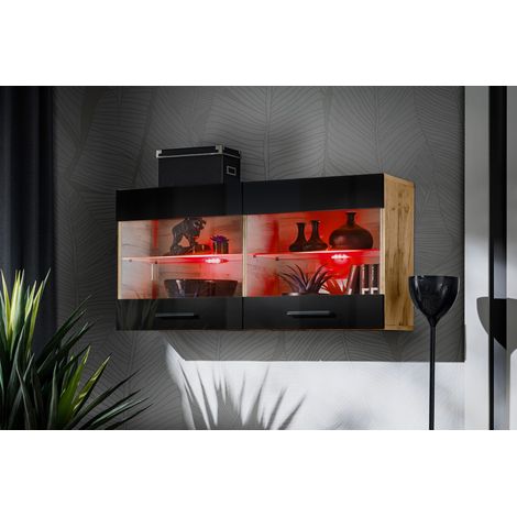 Komodee, Vitrine Armoire Savona, Wotan/Noir, Largeur 100 cm x Hauteur 50 cm x Profondeur 30 cm, LED RGB, 2 étagères, pour Salon, Chambre, Entrée, Cuisine