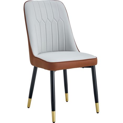 Lot de 2 chaises de salle à manger modernes avec dossier en similicuir bicolore gris clair et brun, pieds métalliques noirs (1/5)