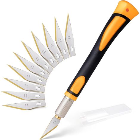 Scalpel avec 10 lames revêtues de titane Cutter de Précision Couteau Professional Cutter Set couteaux et capuchon de protection, scalpel chirurgical, couteau à découper(Jaune) (1/5)