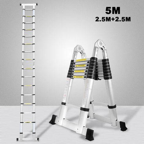 Wolketon Escala telescópica Alu Plata Escala plegable 2.5M+2.5M A Escala con marco con barra de apoyo Escala de aluminio Extensible Escala deslizante Antideslizante Escala multiuso Carga hasta 150 kg