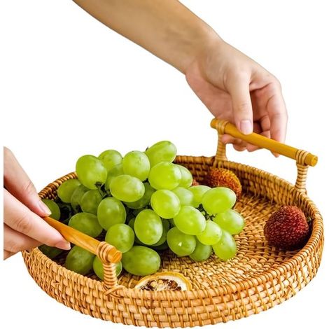 Bol rond en osier, 8,65 pouces (environ 22,0 cm), panier en osier avec poignée, pour la table basse, pour les fruits et légumes. (1/4)