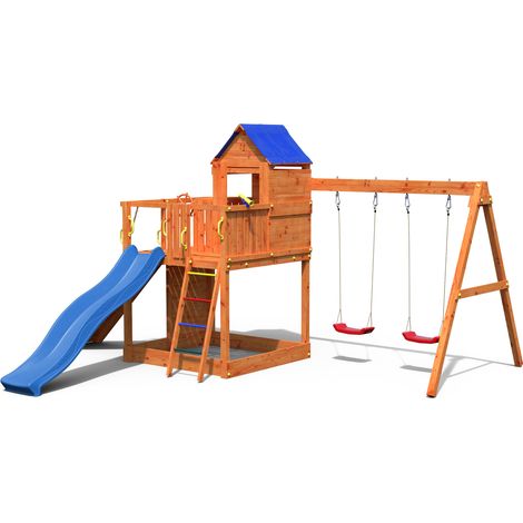 Funni Aire de Jeux Enfant Extérieure – Bois Teck – Toboggan 2,2 m – Balançoire Double – Jusqu’à 12 Enfants – EN 71 (1/5)