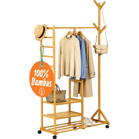Relaxdays Kleiderständer mit Rollen, Bambus, 4 Ablagen, Garderobenbaum, HxBxT: 176 x 100 x 38 cm, Rollgarderobe, natur (1/5)