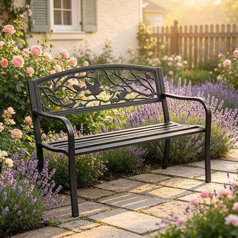 Banc de jardin 127x60x85 cm en métal noir, facile à monter pour terrasse et jardin FloraGrace (1/5)