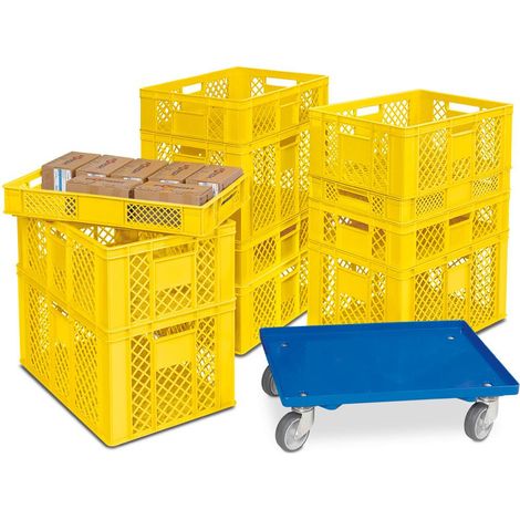 BRB Lot de 11 bacs euros empilables en 4 hauteurs, PE-HD, jaune, L x l x l : 600 x 400 mm, H : 90 mm/150 mm/240 mm/320 mm, avec chariot de transport gratuit (1/2)
