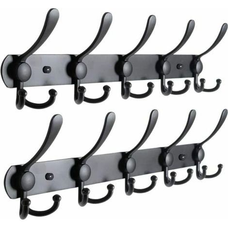 Perchero de pared, Perchero de pared de acero inoxidable, Perchero de pared, 15 ganchos, Negro - Negro 2 piezas. (1/5)