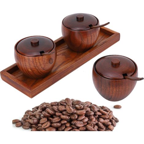 pots à épices en bois avec couvercles, cuillères et bases (1/5)
