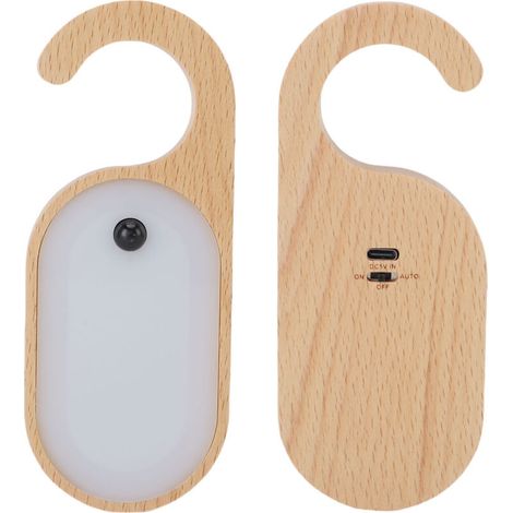 Lampe de porte portable avec détecteur de mouvement et tableau mémo intégré, veilleuse LED blanc chaud rechargeable en bois, idéale pour la chambre et la salle de bain.