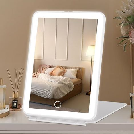 Miroir de maquillage de voyage rechargeable avec 72 lumières LED, miroir de maquillage portable lumineux, éclairage 3 couleurs, réglable, miroir cosmétique pliable de bureau avec lumières (1/5)