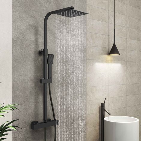 AICA Bathroom Thermostatic Mixer Shower Set Matte Black Twin Head Exposed Valve (1/5)